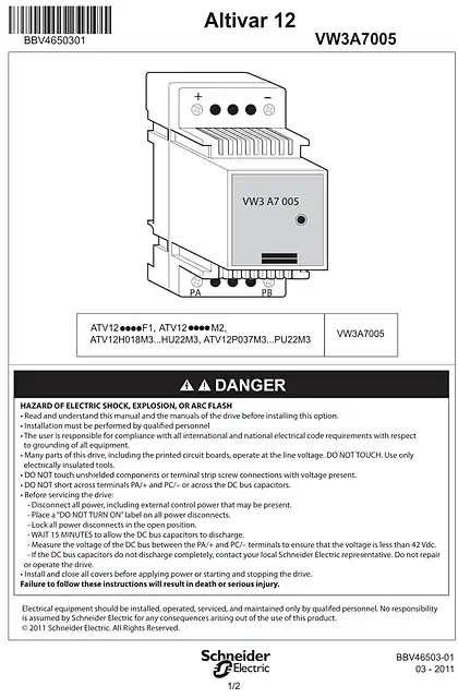 schneider施耐德Instruction sheet - Braking module - VW3A7005